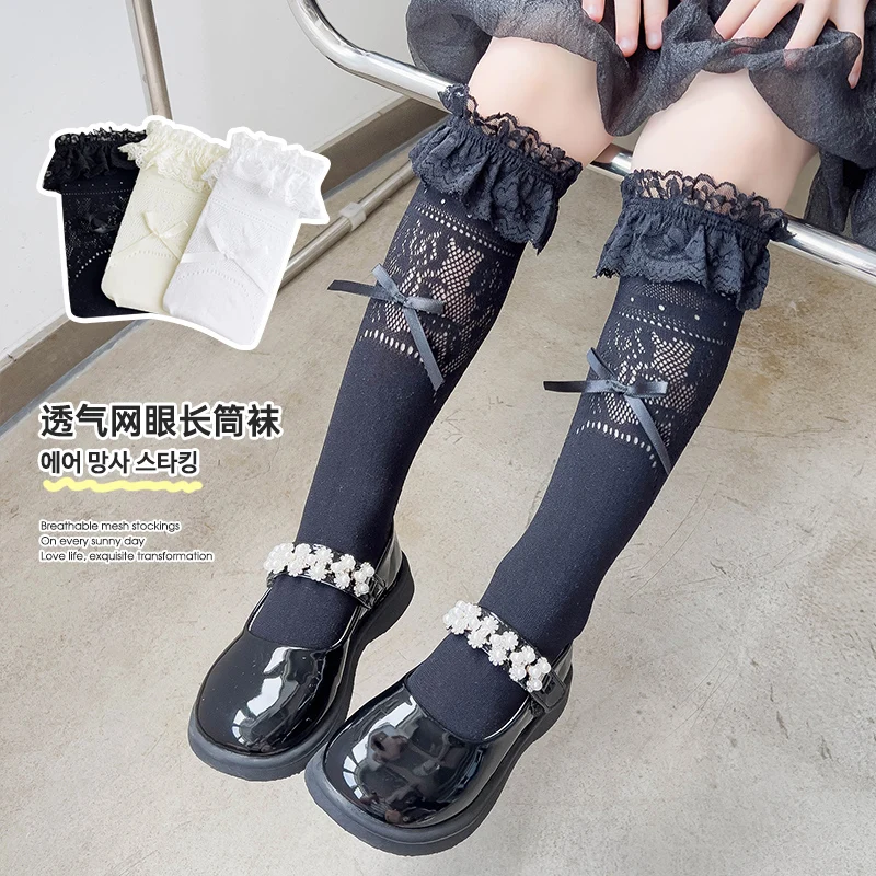 Thin Ballet Style Long Slouch Socks For Adorable Girls Elegant Lace Trim And Cute Bowknot Ornament Skin-Friendly Elastic Hosiery