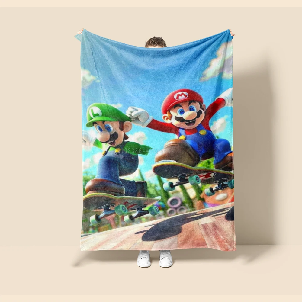 Blanket 3D Cartoon M-Mario-Bros Picnic Blanket Flange Warm Soft and Comfortable for Travel Bed Sofa Office Child Birthday Gift