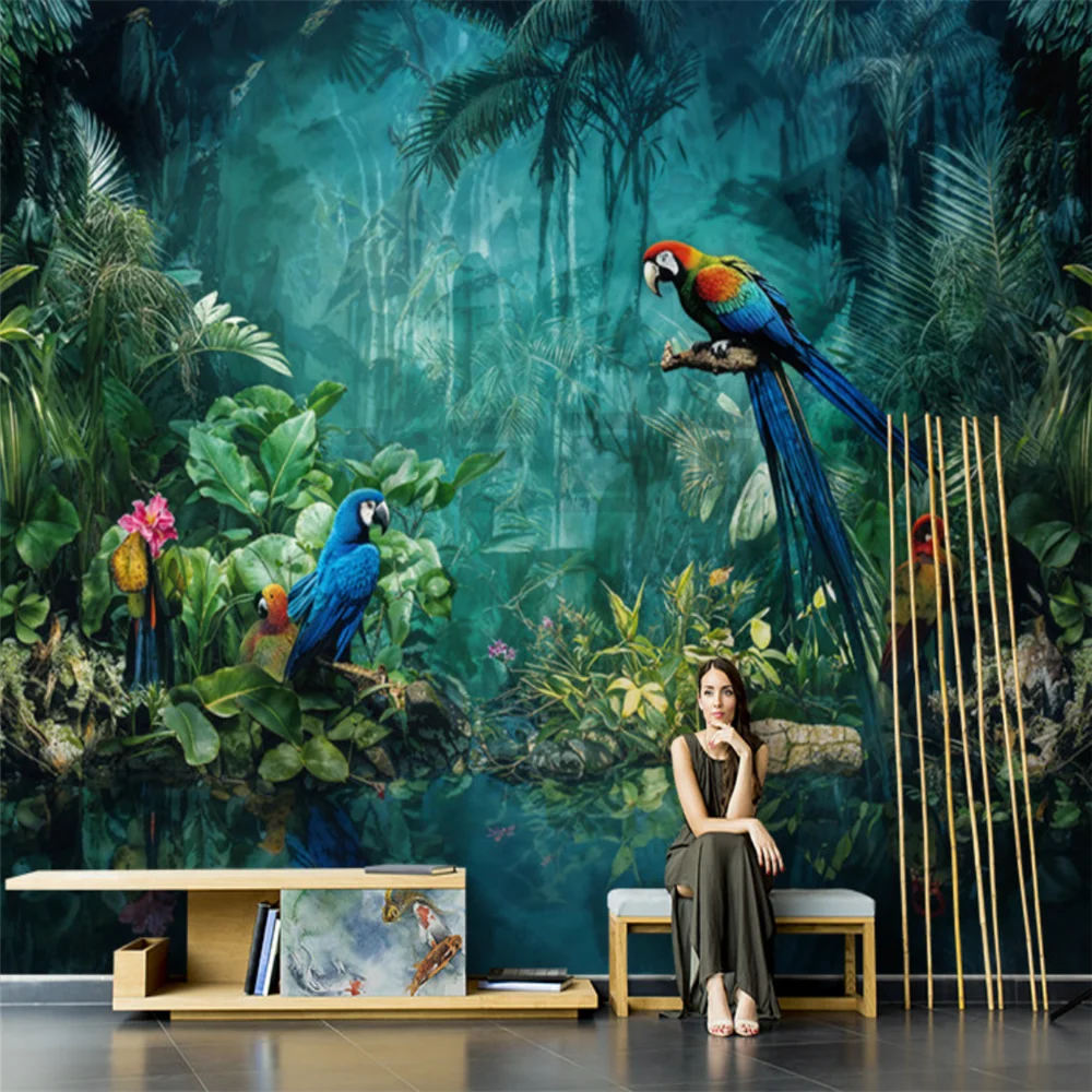 Custom Mural parrot Wallpapers for Living Room Sofa papel de parede Tropical rainforest animals wallpaper TV Background Stickers
