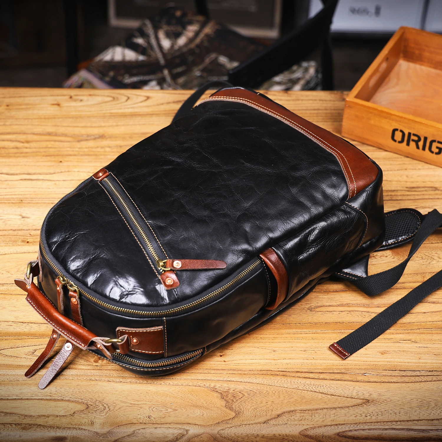 S.WORKER Herren-Rucksack aus echtem Leder, hochwertiges Rindsleder, lässige Schultaschen, 15"-Laptop-Taschen, Reise-Tagesrucksack, Geschenk für Männer – Detail 10