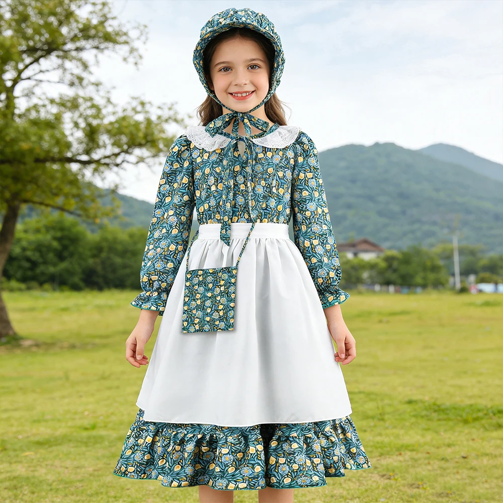 

Daily Floral Dress Girls Summer Dresses Medieval Pastoral Style Dress with Apron Bonnet Children Vinatge Pioneer Prairie Dress
