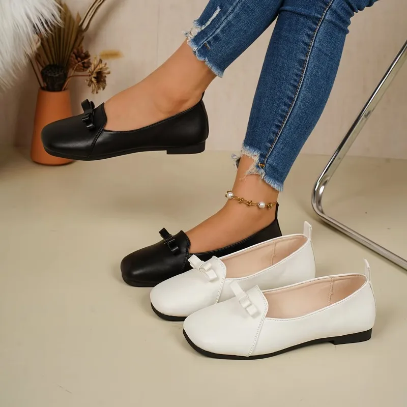 Women's New Solid Color Leisure Shoes with One Pedal and Shallow Mouth Spring and Autumn Square Toe Non-slip Flat Shoes
