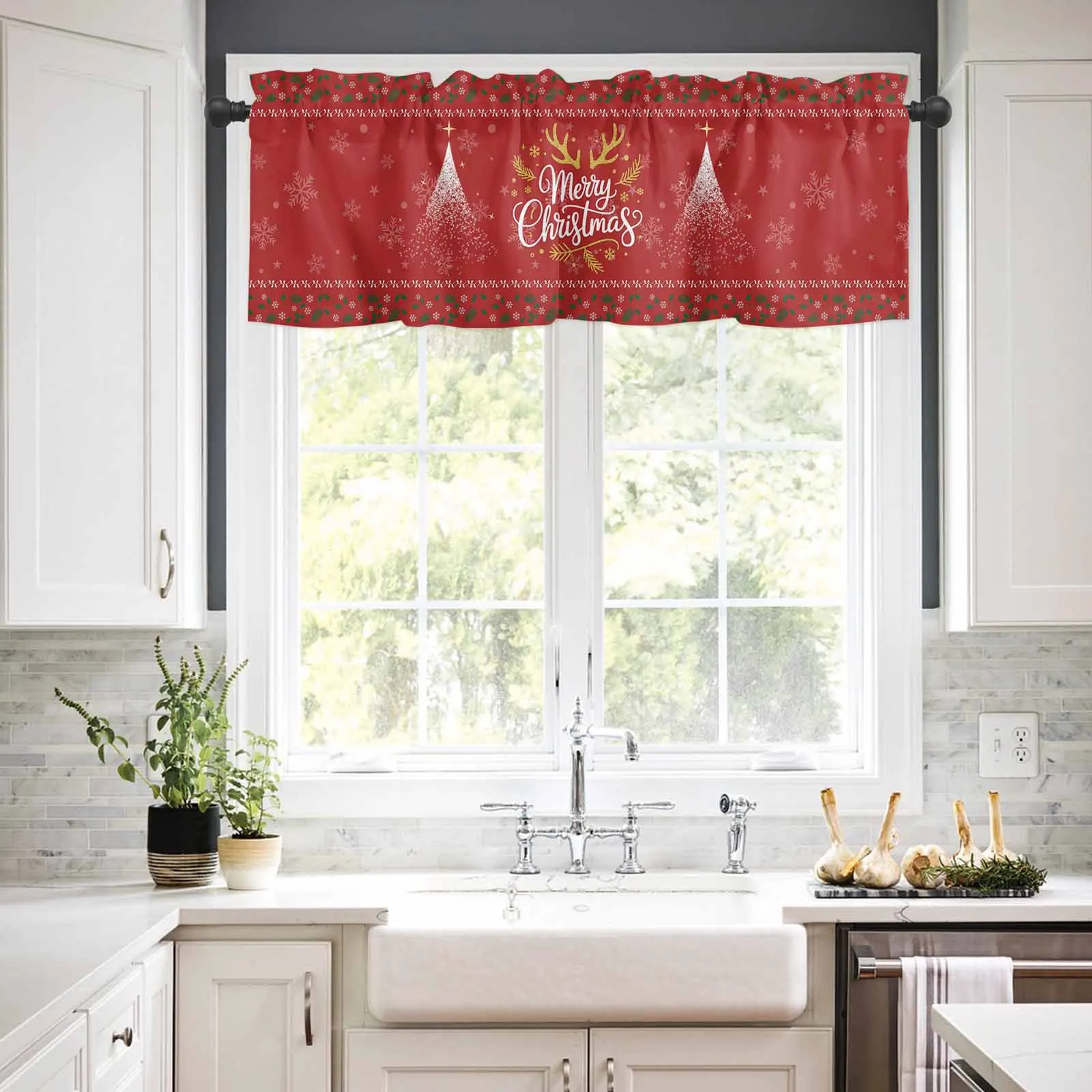 

1PCS Kitchen Short Curtain Valance Vintage Christmas Holly Leaves Red Rod Pocket Window Home Decoration