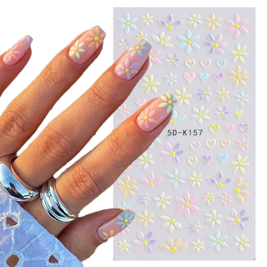 Adesivi per unghie 5D fiori cuore 3D decalcomanie per Nail Art in rilievo primavera Cute Bear Rabbit Sliders decorazioni accessori per Manicure