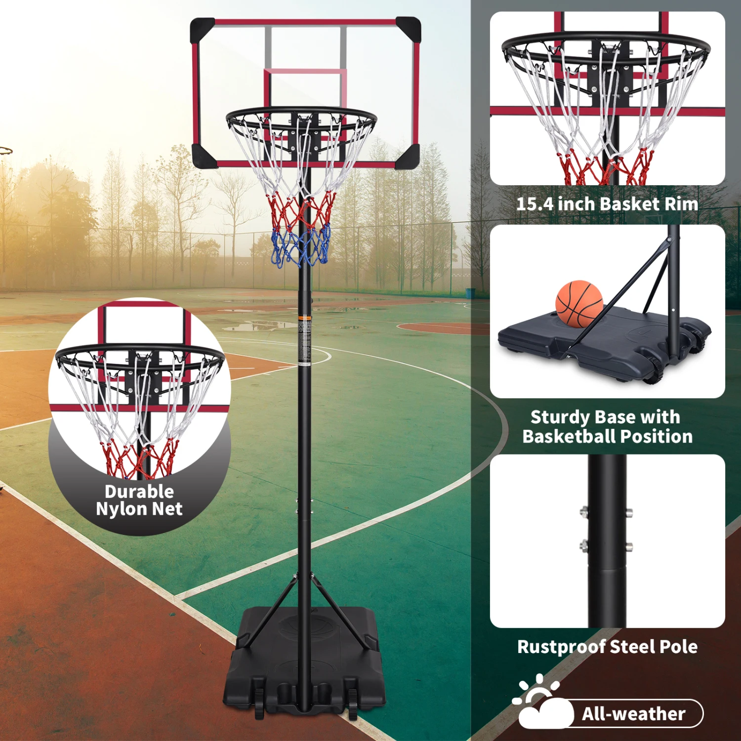 Sistema porta da basket portatile ad altezza regolabile per giovani - Base stabile, uso interno/esterno, tabellone da 28", ruote - 5,6-7 piedi