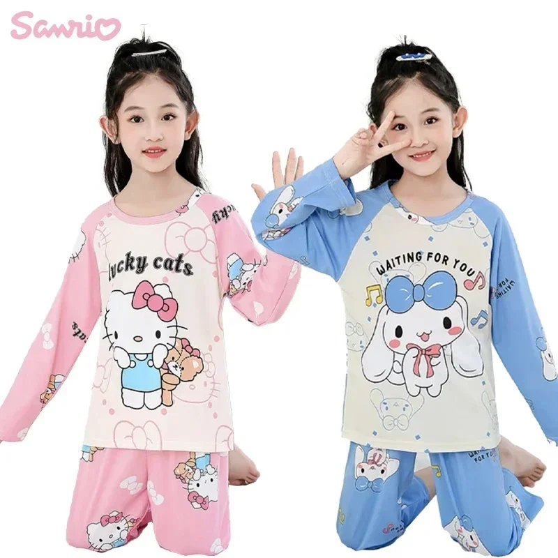 

Kawaii Sanrio Cinnamoroll Kuromi Children Pajamas Anime Hello Kitty Girls Long-sleeved Pajamas Summer Cartoon Home Suit Gifts