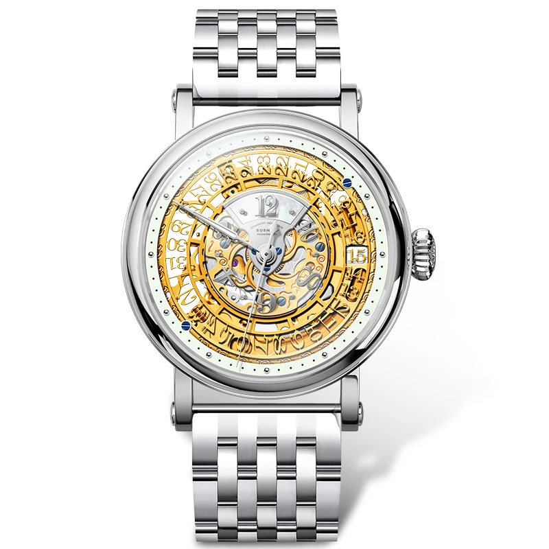 BORMAN Classic Skeleton Dial Automatic Mechanical Men Watch Brown Genuine Leather Band Sapphire Glass Waterproof 50M Men Watches