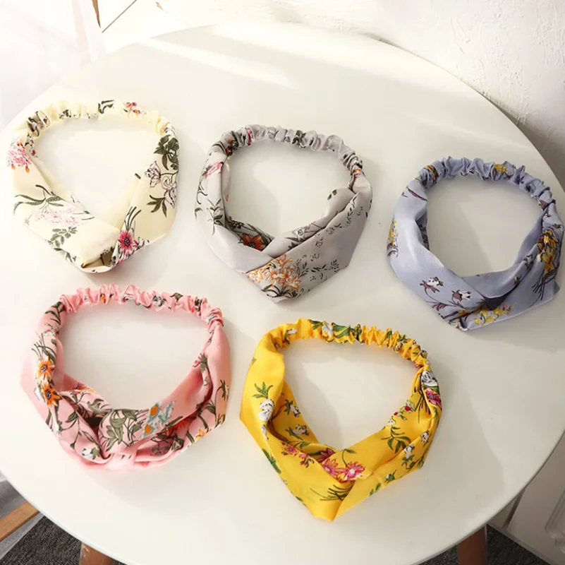 Satin Cross Top Knot Headband Elastic Hair Band Girls Women Bohemian Sweet Print Scrunchies Hairband Hair Accessories Fashion