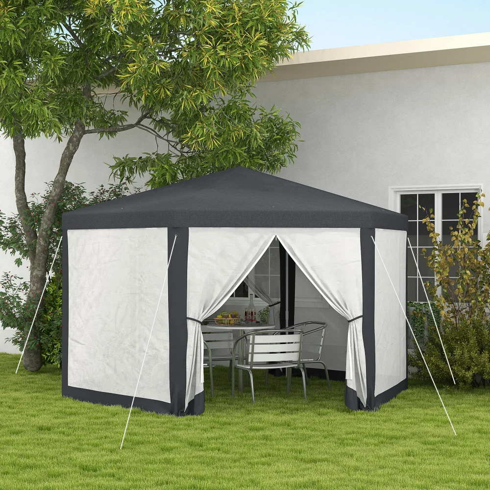 Pavillon de jardin hexagonal 4×4m en métal et polyester, gris foncé. Équipé d'un moustiquaire, idéal pour les fêtes de jardin.