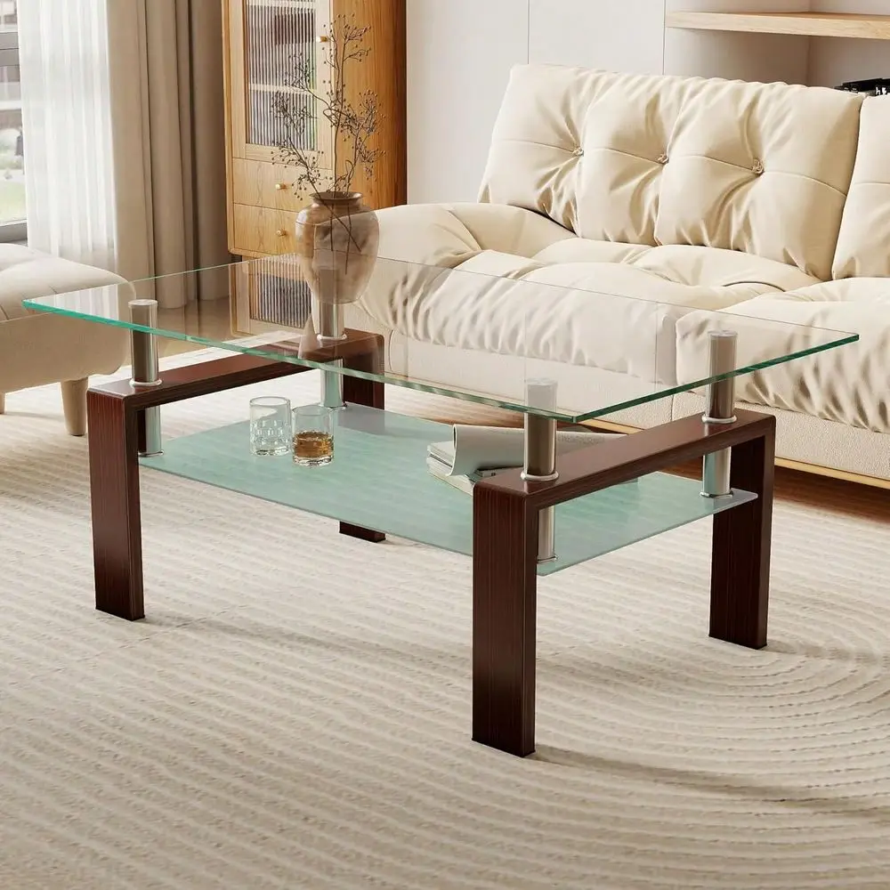 Rectangle Glass Coffee Table For Living Room, 2Tier Modern Center Table Metal Tube Legs For Home Office, Brown