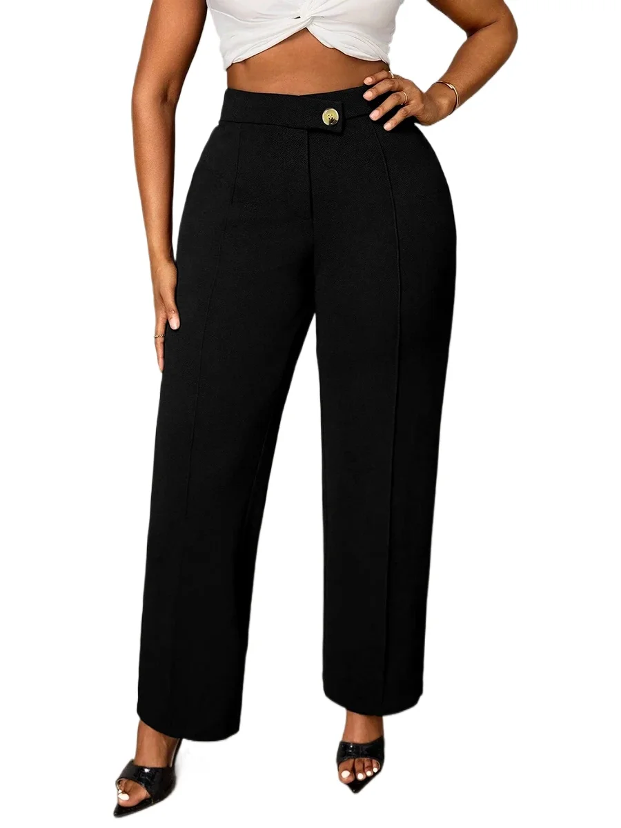 Women Black High Waist Wide Leg Pants Elegant Office Lady Straight Textured Trousers Center Seam Formal Casual Capris