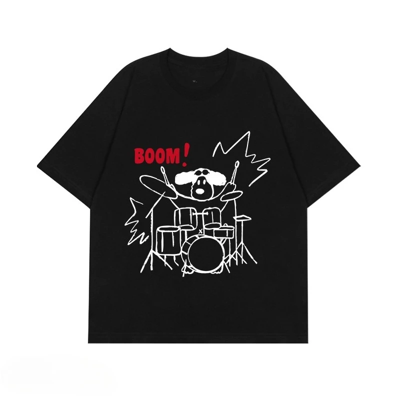 

American Hand-painted Rock Puppy Drum Set Graffiti Print Crew Neck Short Sleeve Lazy Casual Loose Top Men and Women Street Style