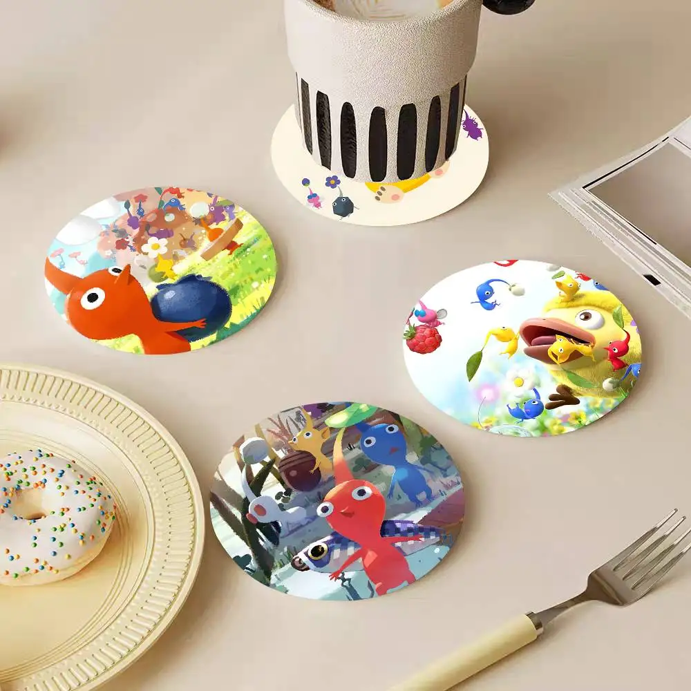 Sous-verres ronds en bois P-PIKMINS à thème dessin animé, idéaux pour les restaurants, les cafés et comme cadeau pour la maison, parfait pour les fêtes.