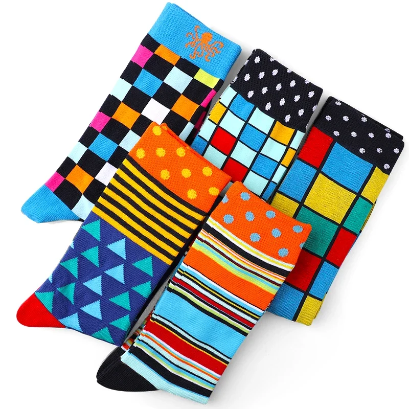 5 Pairs Men Novelty Fun Socks Bright Geometric Plaid Stripe Polka Dot Pattern Socks Colorful Casual Mid‑Calf Socks Gifts for Men