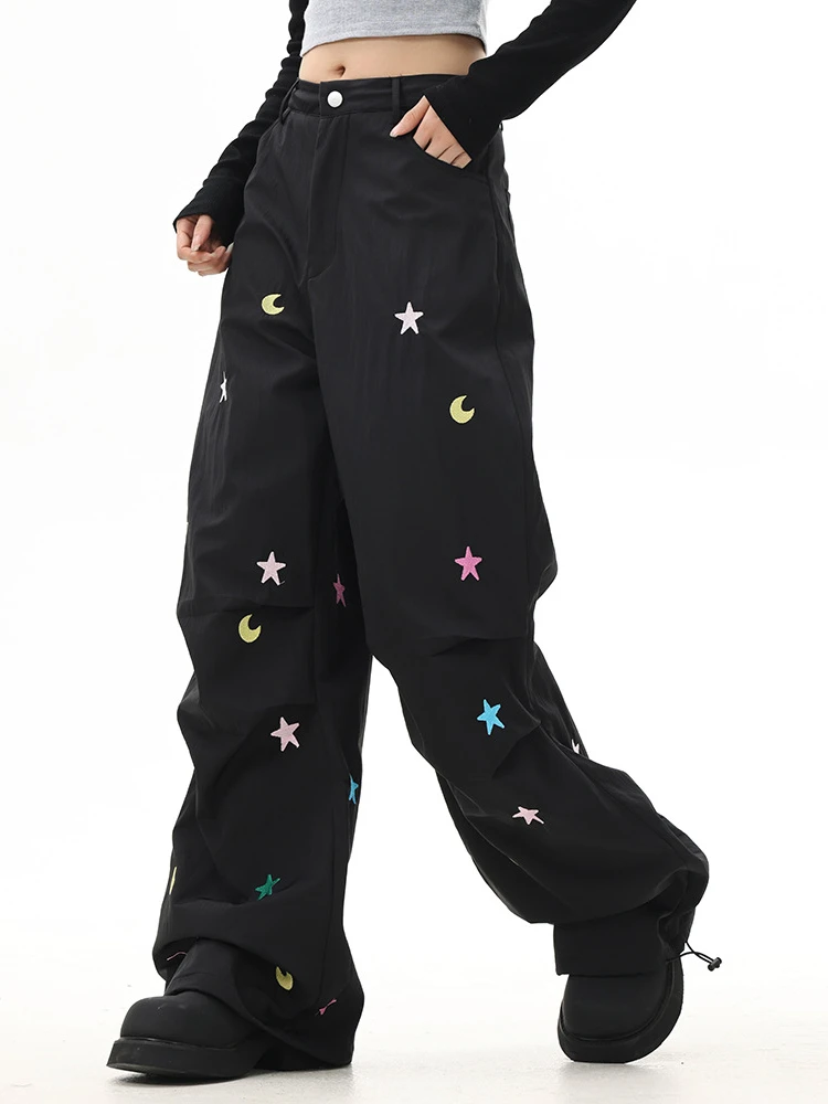 

Casual Full Body Star Moon Embroidery Workwear Straight Pants Men's and Women's Loose High Street Pleat Drawstring Sports Pants