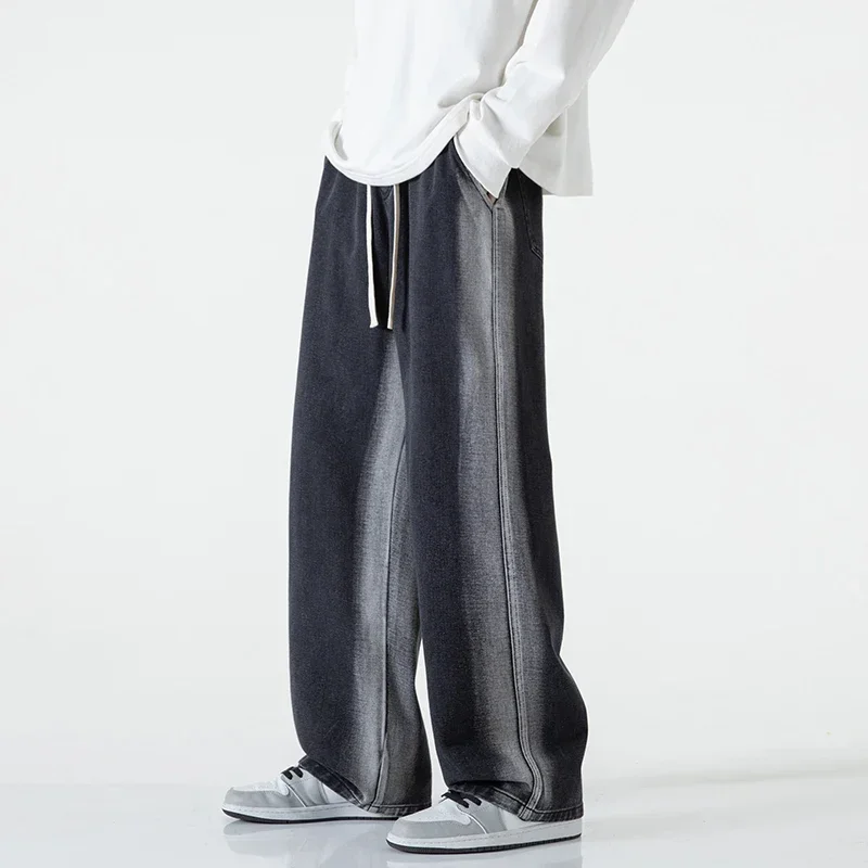 Celana Jeans Pria Model Baggy Straight Fashion Motif Garis Tie Dye Pinggang Elastis Tali Serut Kasual Vintage Denim Streetwear