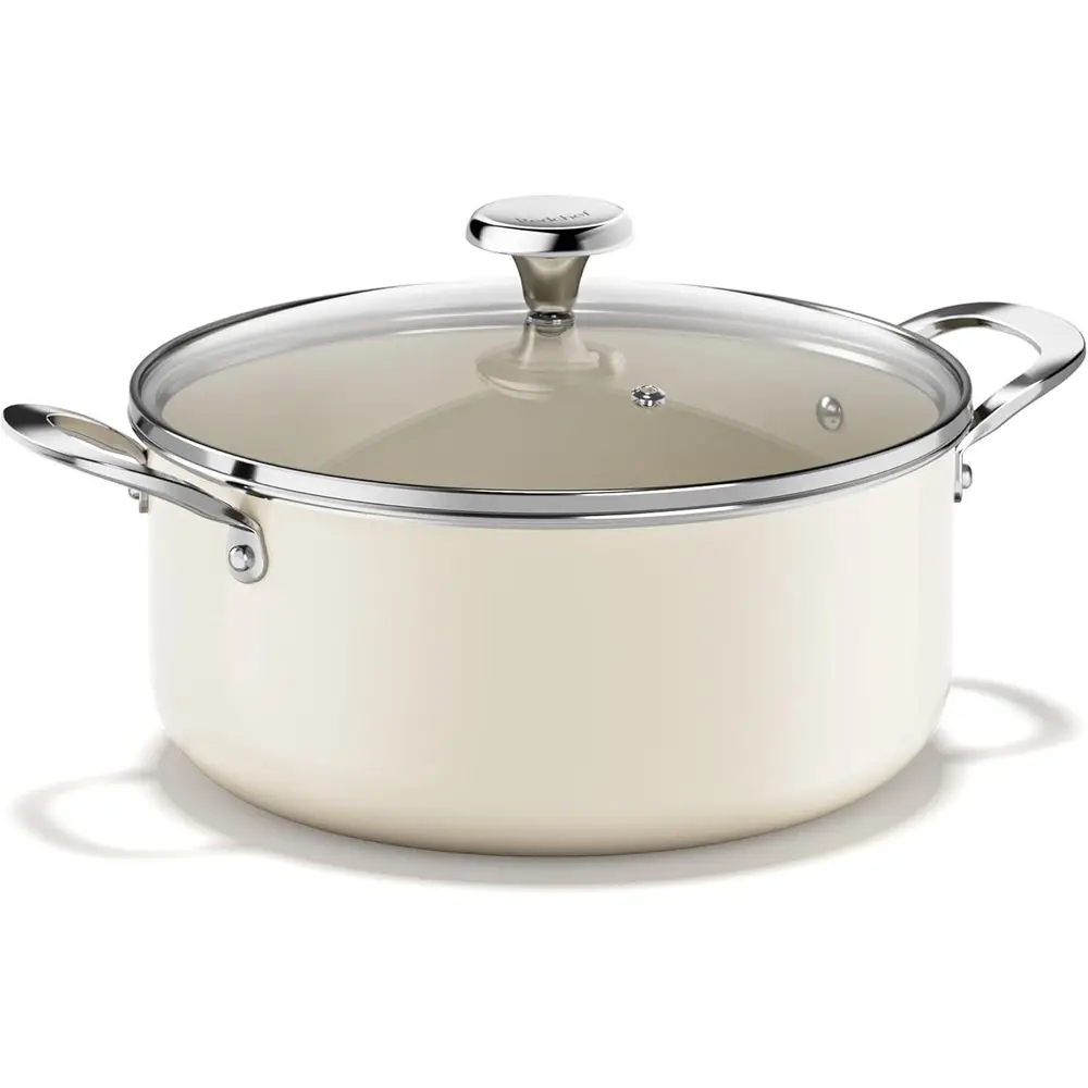 

Stock Pot with Lid, 5 Qt Induction Cooking Pot, Nonstick, Even Heating, Stay-Cool Handles, Oven/Dishwasher Safe (Beige)