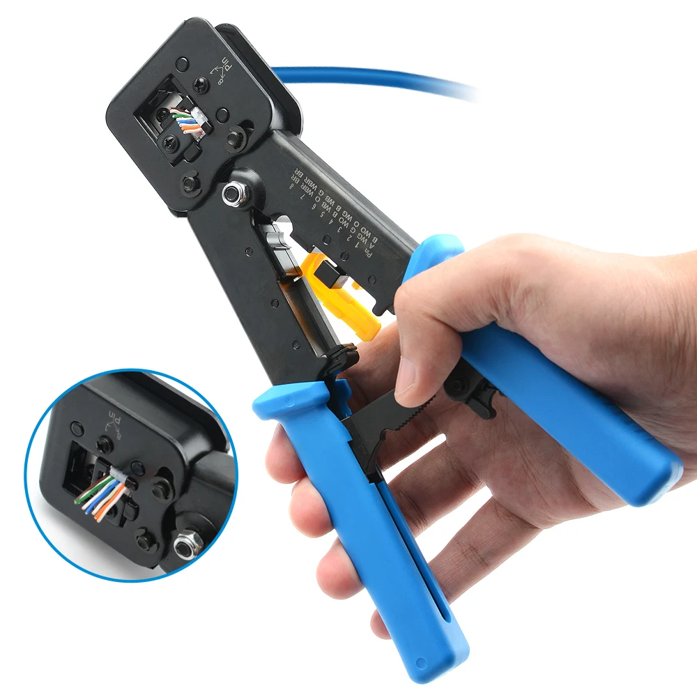 RJ45 Crimping Tool for Cat5/Cat5e/Cat6, RJ11/RJ12 Pass-Through Crimper Set with Tester, Stripper, 20pcs Connectors & Covers