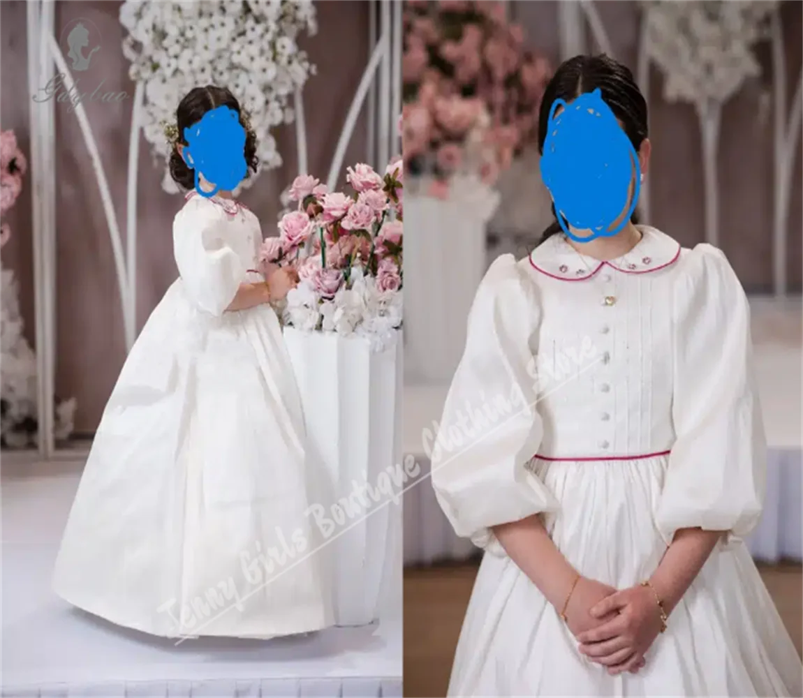 

Elegant White Flower Girl Dress Wedding Satin Puffy Sleeves Children's Birthday Dress Party Photography Custom