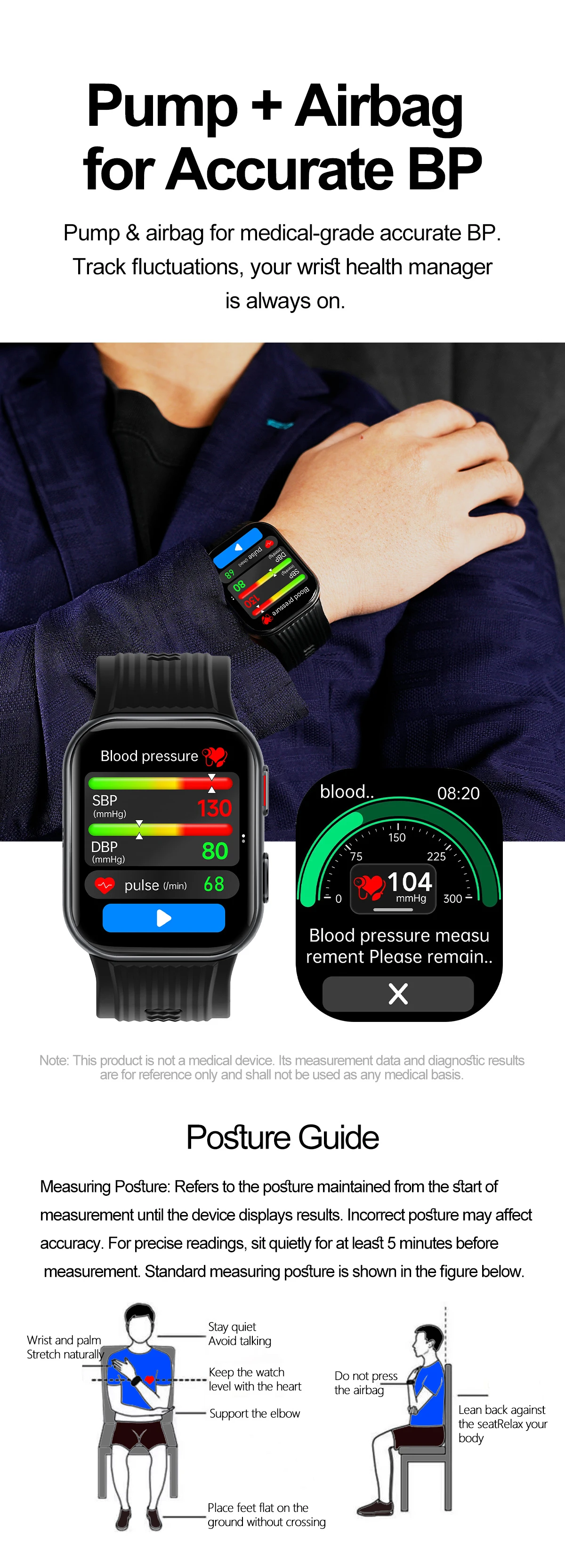 Neue Blutdruck-Smartwatch mit Luftpumpen-Airbag-Armband, 1,95 Zoll AMOLED-Display, Mikro-Körperanalyse, Gesundheits-Smart-Armband für Männer und Frauen – Detail 3