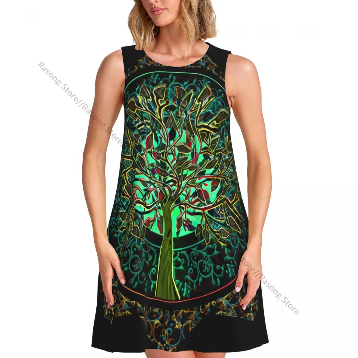 Women's Dress Tree Of Life In Ornate Star Summer Casual T Shirt Beach Cover up Tank Dress