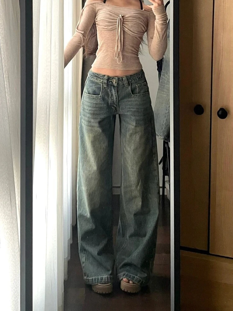 HOUZHOU Y2k Vintage Baggy Jeans for Women Washed Casual High Waist Loose Denim Pants Streetwear Korean Wide Leg Jeans Trousers