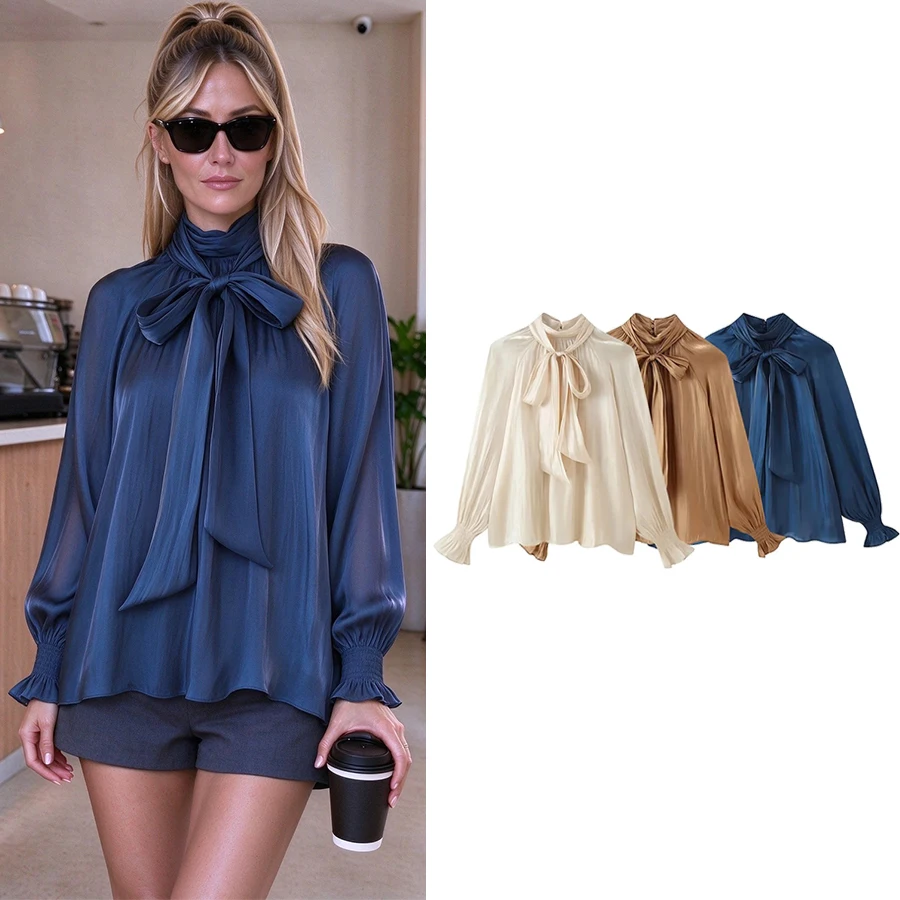 Women Autumn Elegant Blouse Women Bow Pleated Vintage Luxurious Pleated Casual Loose Pullover Modern Chic Female Shirts
