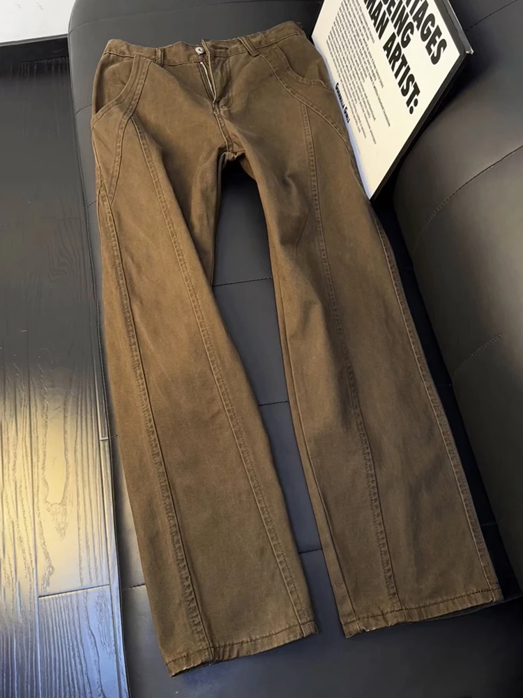 

Coffee Colored American Sle Slanted Cut Men's Denim Jeans Autumn Winter Vintage Waed Straight Pure Cotton Workwear Pants