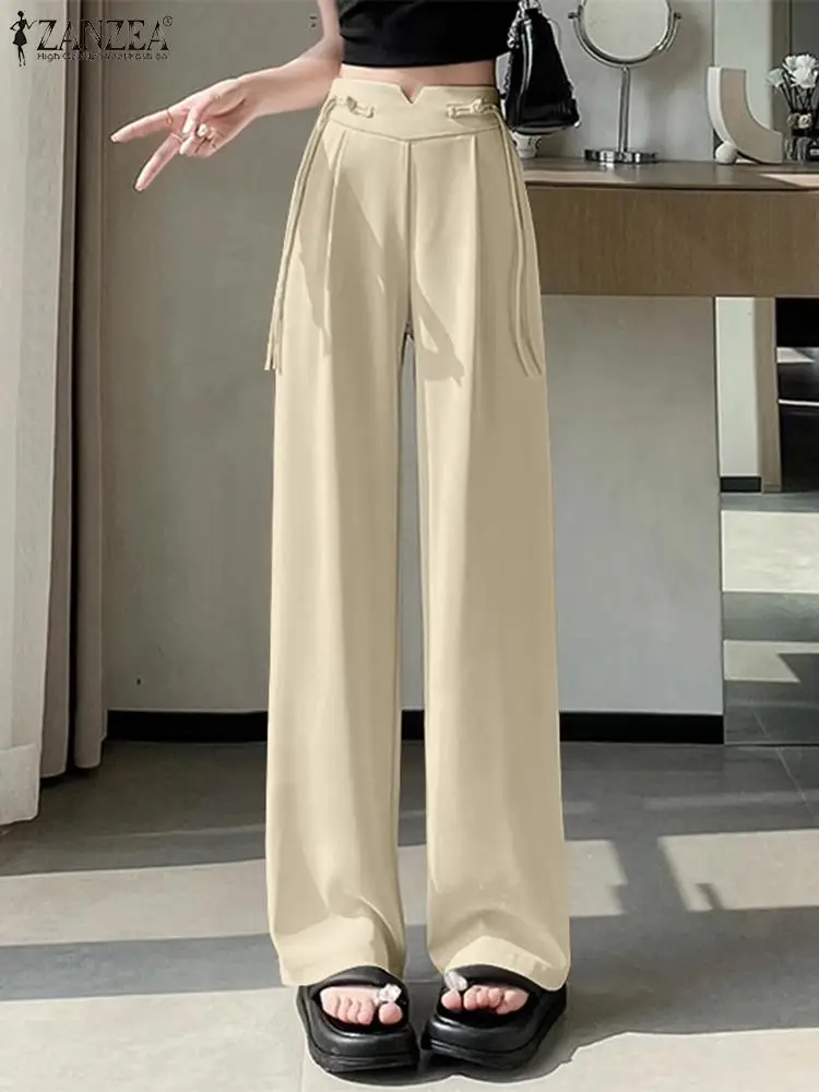 

ZANZEA Women High Waist Suit Pants Korean Fashion Office Trousers 2024 Summer Knot Pleated Formal Pantalons Casual Straight Pant