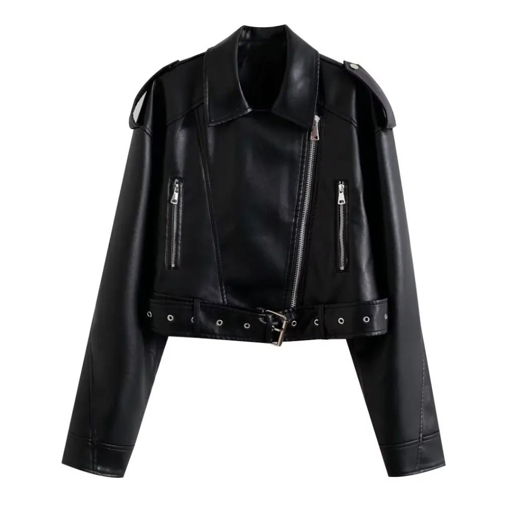 Chaqueta de moto de cuero PU para mujer Otoño Invierno estilo europeo americano ropa de calle con personalidad