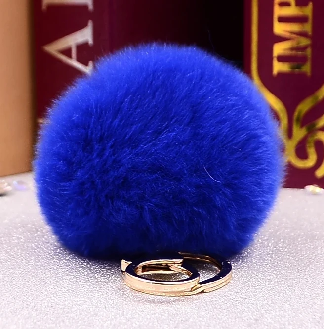 Fluffy Rabbit Fur Pompom 8CM Real Natural Fur Balls Key Chain K005-blue