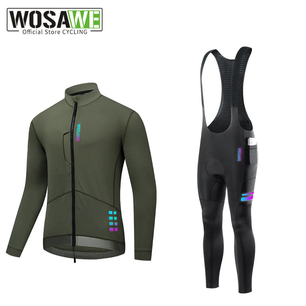 

WOSAWE Autumn Winter Men Cycling Jersey Set Windproof Thermal Fleece Reflective Long Sleeve Warm Tops Road Bicycle Clothing