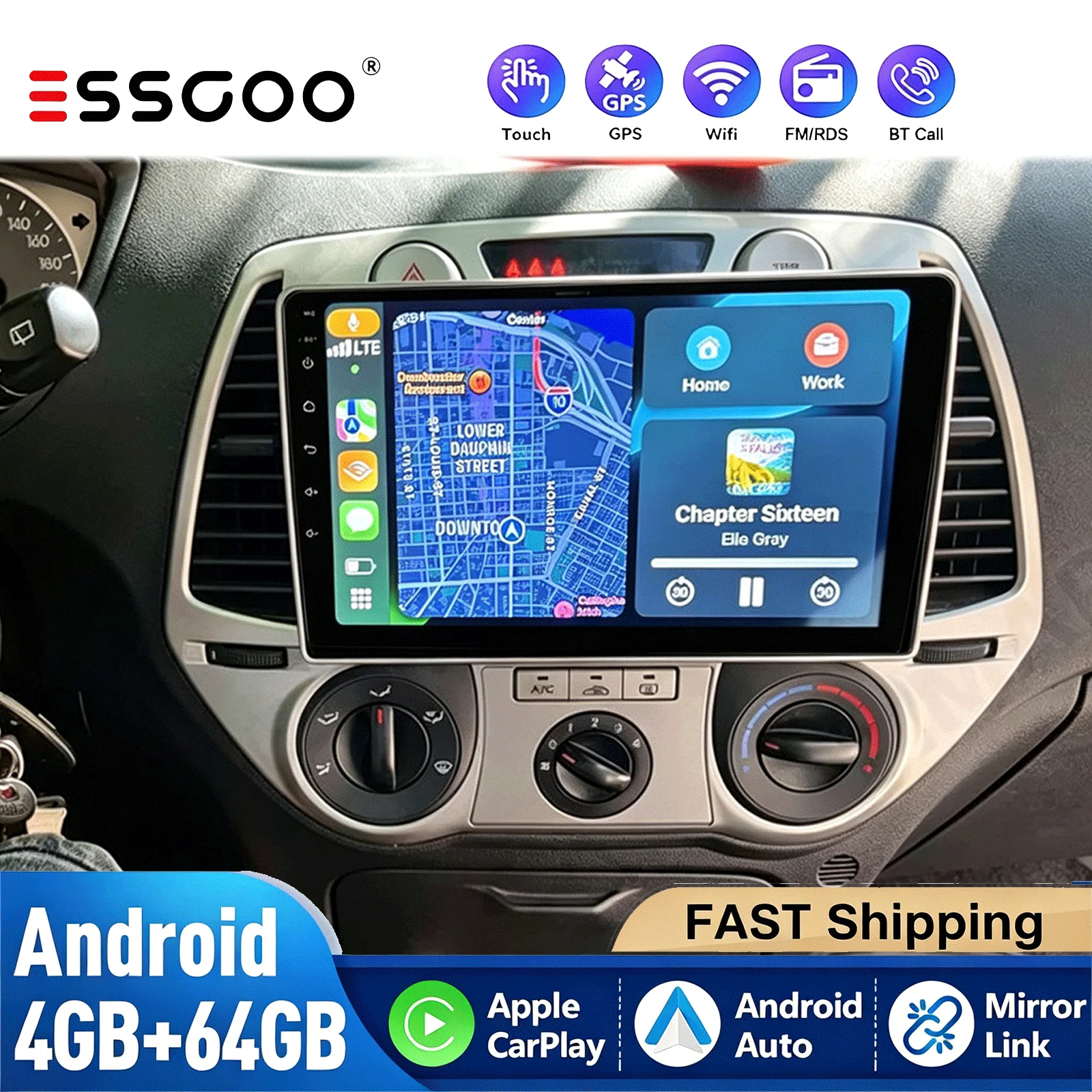 ESSGOO 4+64G Radio Für Hyundai I20 2008-2012 Multimedia-Player Drahtlose CarPlay WiFi GPS RDS FM BT Navi Android 15 DAB+ Kamera