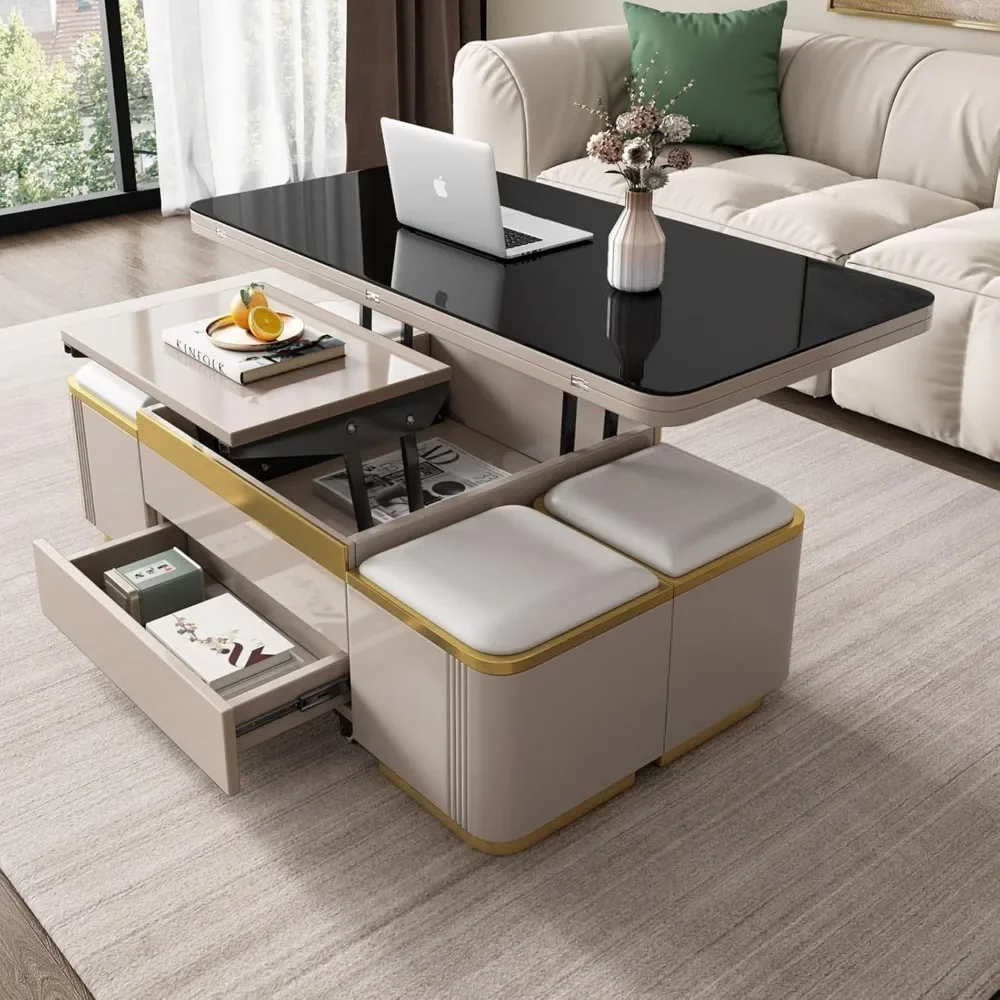 Lift Top Coffee Table with 4 Storage Stools, Lift Tabletop Sofa Table,Multi-Functional Working Table,Low Floor Table