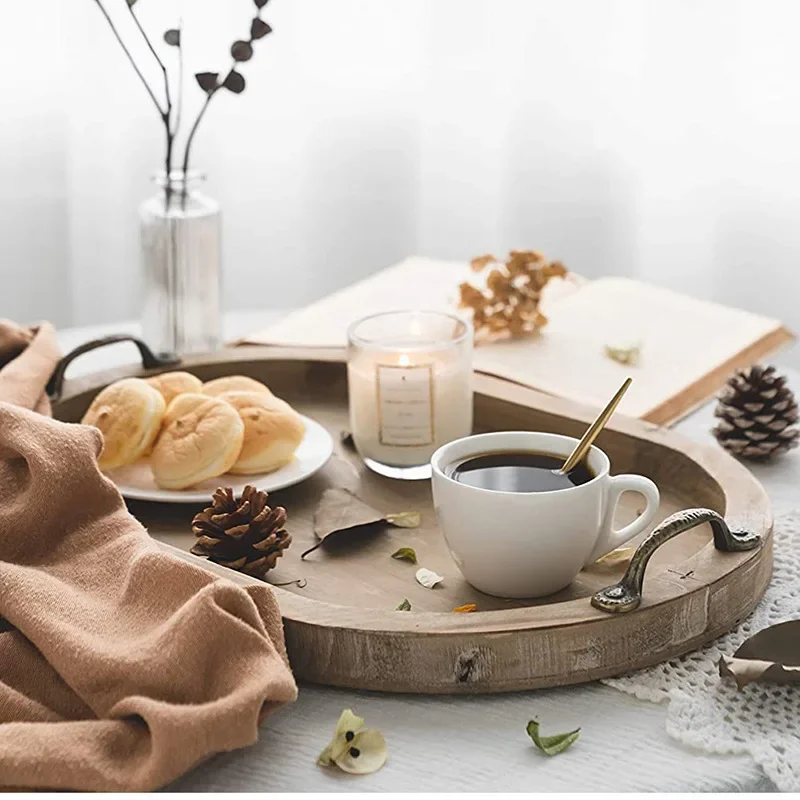 

Rustic Wood Serving Tray with Metal Handles for Party in Tea and Leisure Time