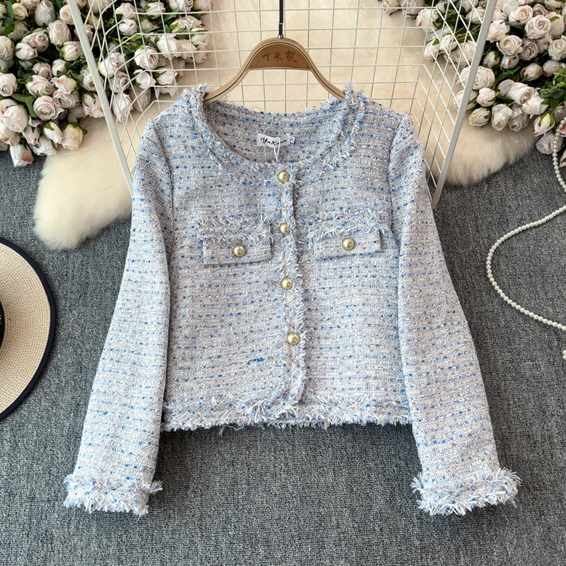 Autumn Winter Casual Tweed Jacket for Women's Small Fragrance Long Sleeved cardigan Coat Slim Top Outerwear