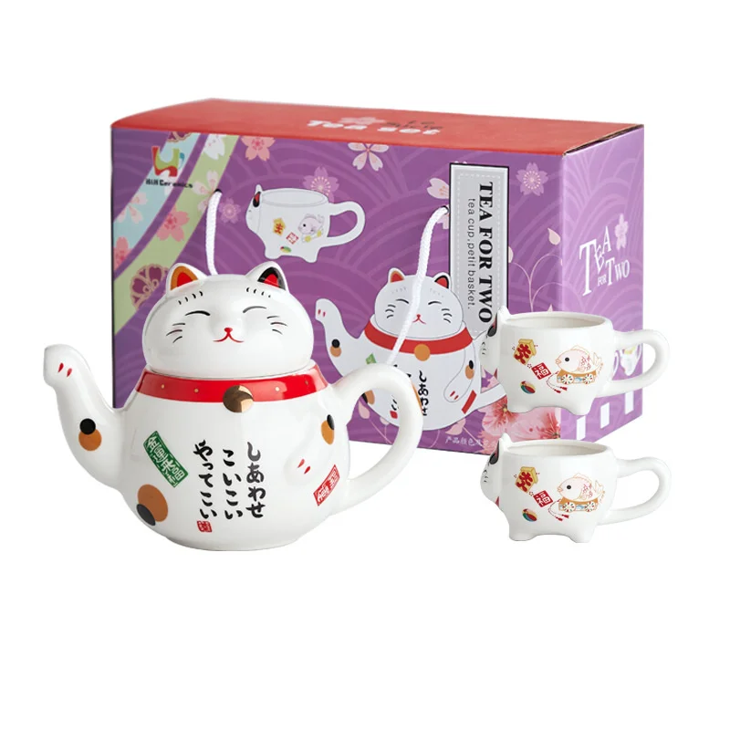 Cute Cat Teaware Series Sets Lucky Cat Tea Pot With 2 Tea Cups Sets Jingdezhen Porcelain Fortune Cat  Tea Service