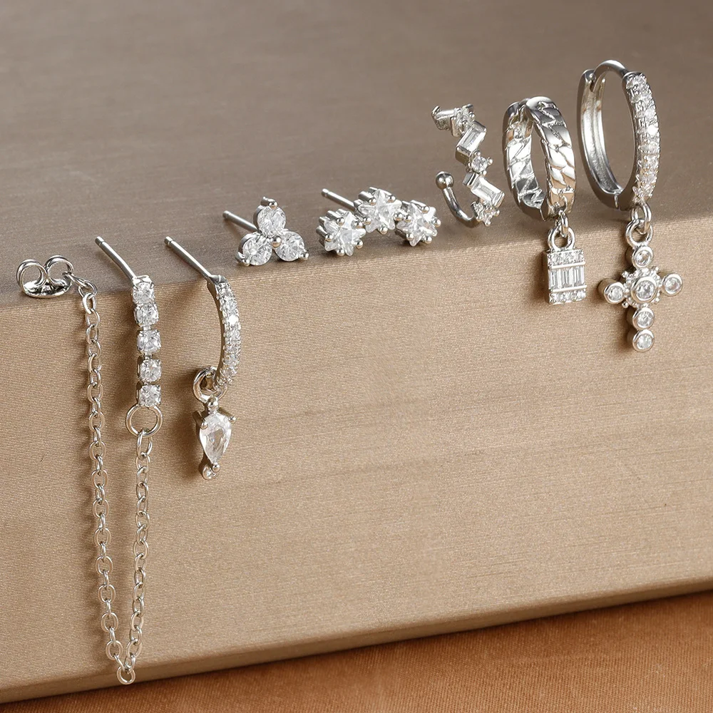 7PCS Stainless Steel Star Cross Chain Hoop Earrings Set For Women Cubic Zirconia Punk Pendant Cartilage Earring Piercing Jewelry