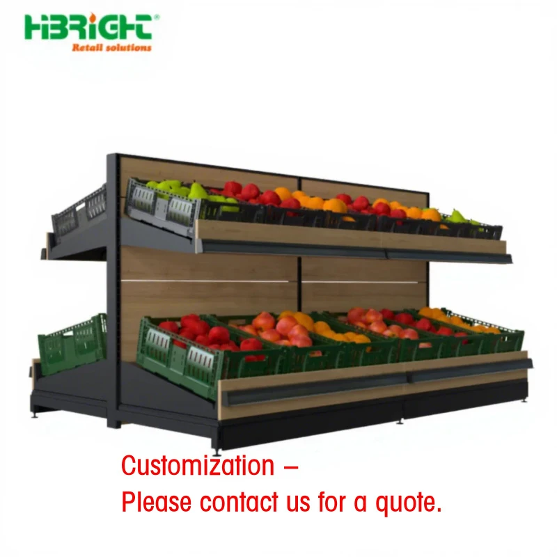 custom.High-Capacity Double-Sided Heavy Duty Easy Assembly 3-Shelf Freestanding Wood Metal Vegetable Display Rack Plasti