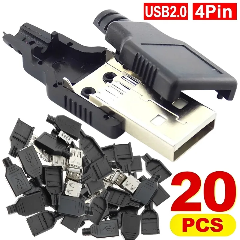 20Pcs/Set Type A Male/ Female USB 4 Pin Plug Socket Connector with Black Plastic Cover Adapter Connect USB 2.0 DIY Accessories