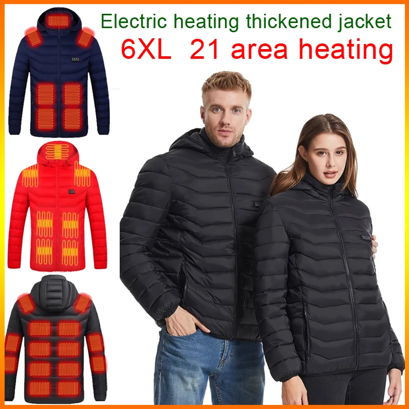 USB Electric Heating Zone for Men and Women, Constant Temperature, Thickened Hooded Jacket, Cotton Down Coat, 21 Self Heating, Thermal Insulation, Plus Size, 6XL, New Fashion, Winter