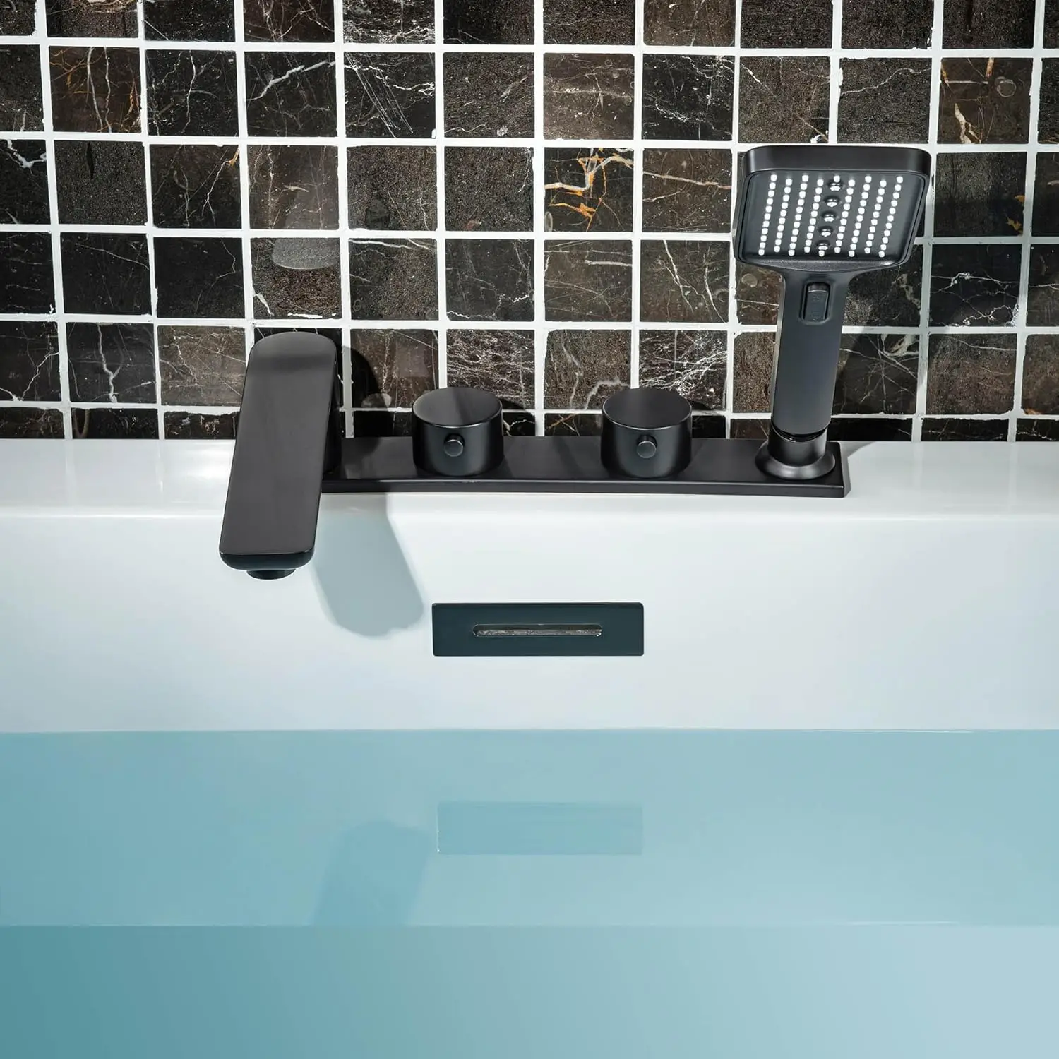 Widespread Deck Mount Roman Tub Faucet With Hand Shower, Two-Handle 4-Holes Bathtub Shower Faucet Set In Matte Black