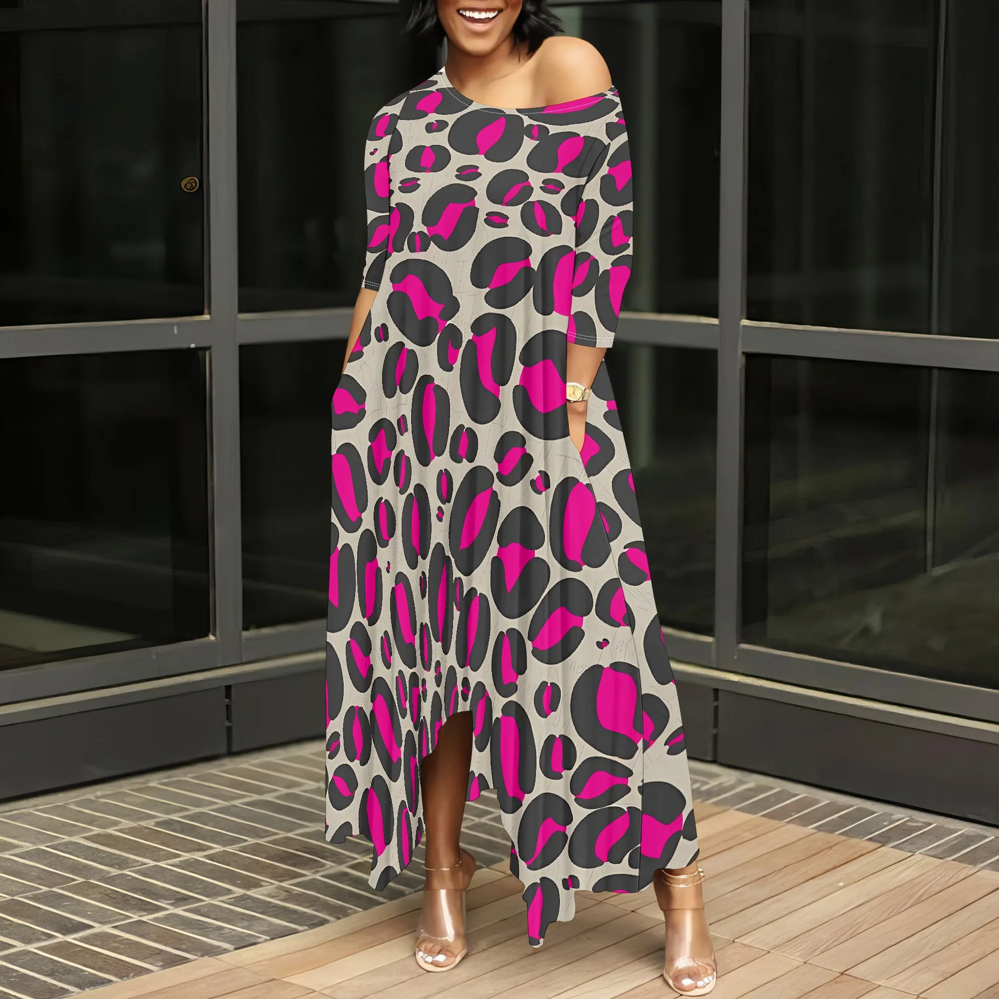

Nupusa Pink Leopard Print Dress for Women Standard Size Summer Casual Off - Shoulder Half Sleeve Maxi Dress