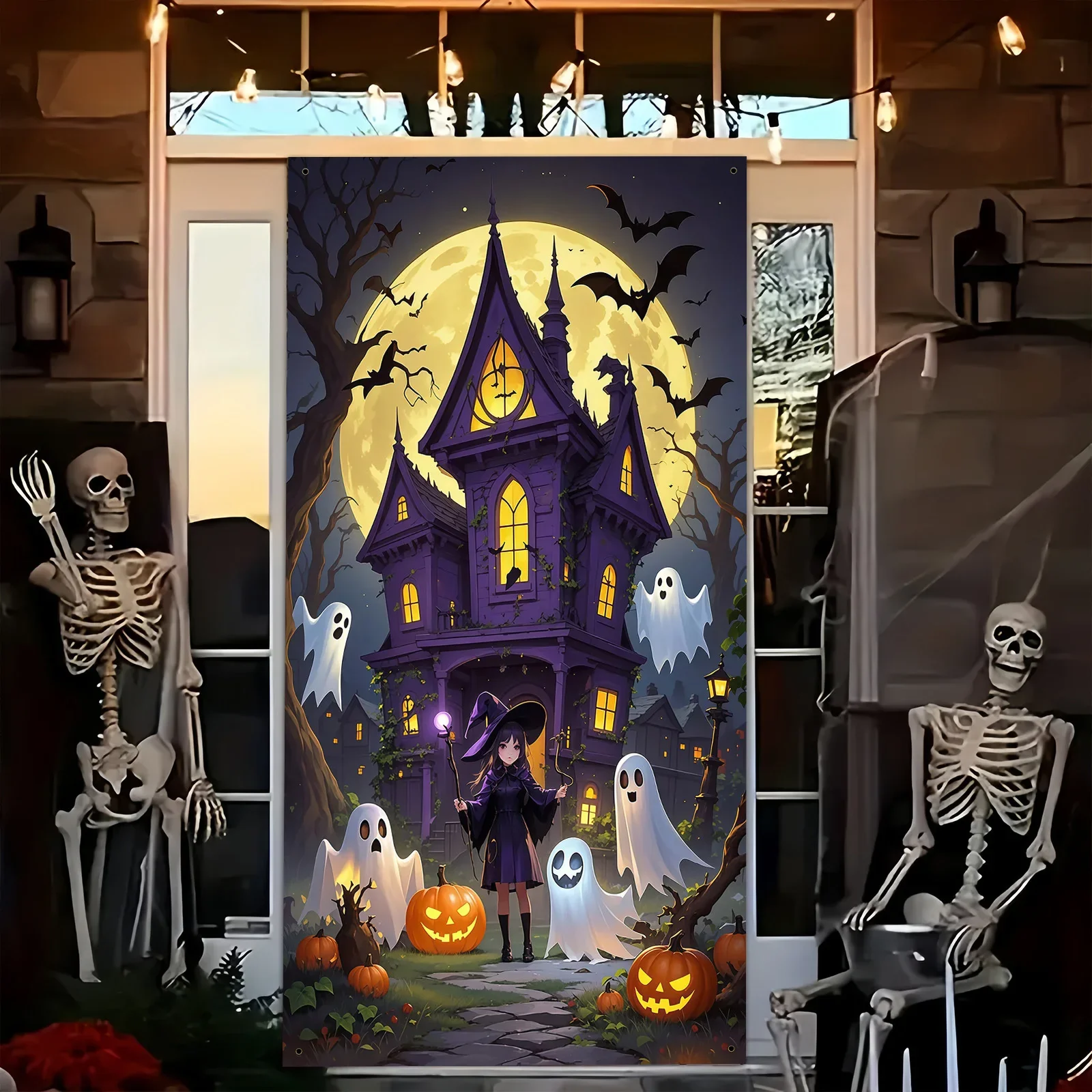 Una terrorífica pancarta de Halloween - pintura 2D de poliéster de 35x70 pulgadas, con motivos de brujas, fantasmas, etc.