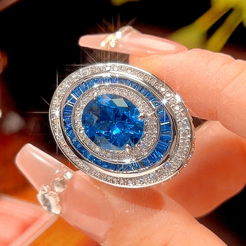 

Luxury Oval Blue Sapphire Adjustable Ring Statement Necklace with Halo Zircon Accents Shiny Party Wedding Jewelry for Women Gift