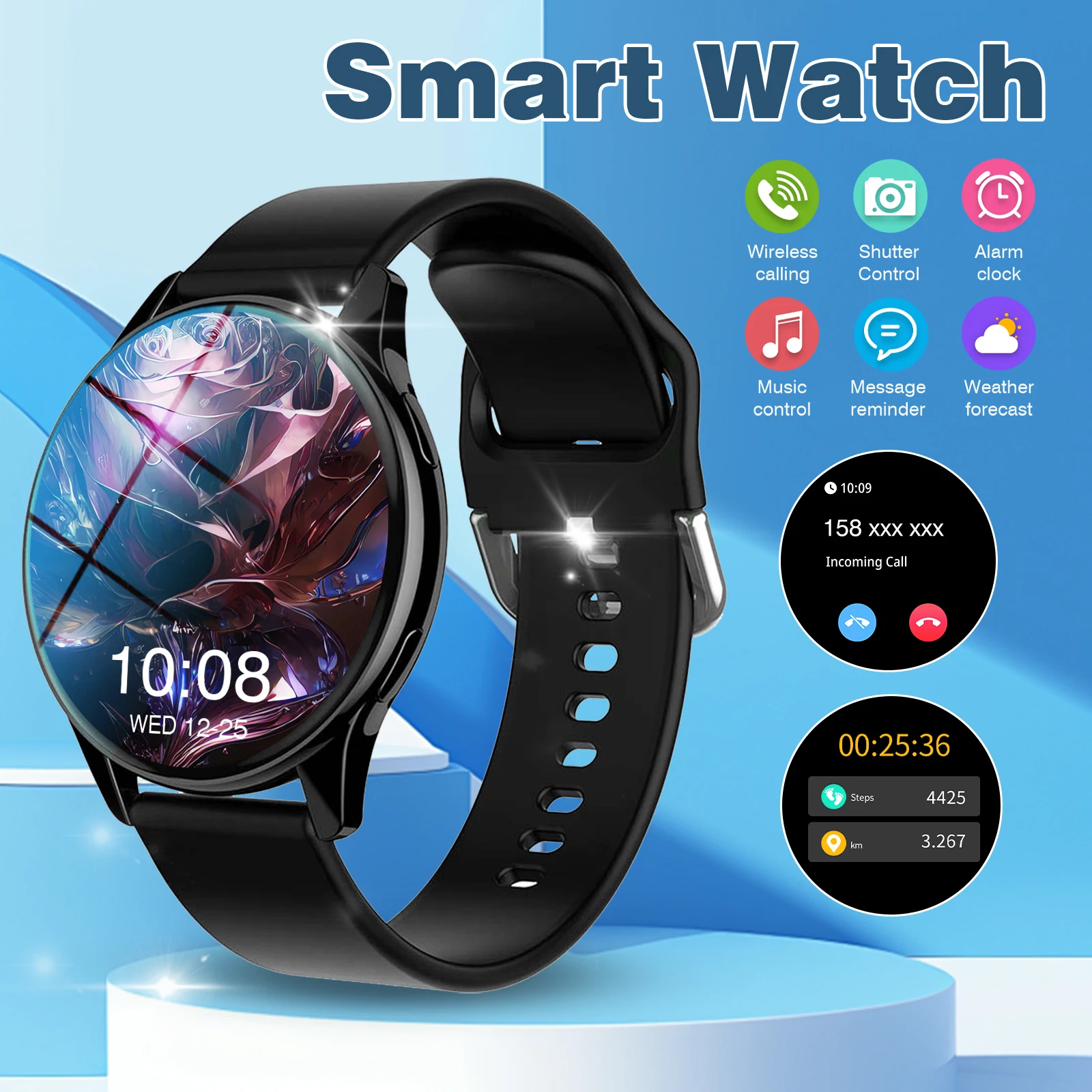 

2025 Round Screen Smart Watch: Wireless Calling, Shutter Control & Music Control, Weather Forecast for Men Women