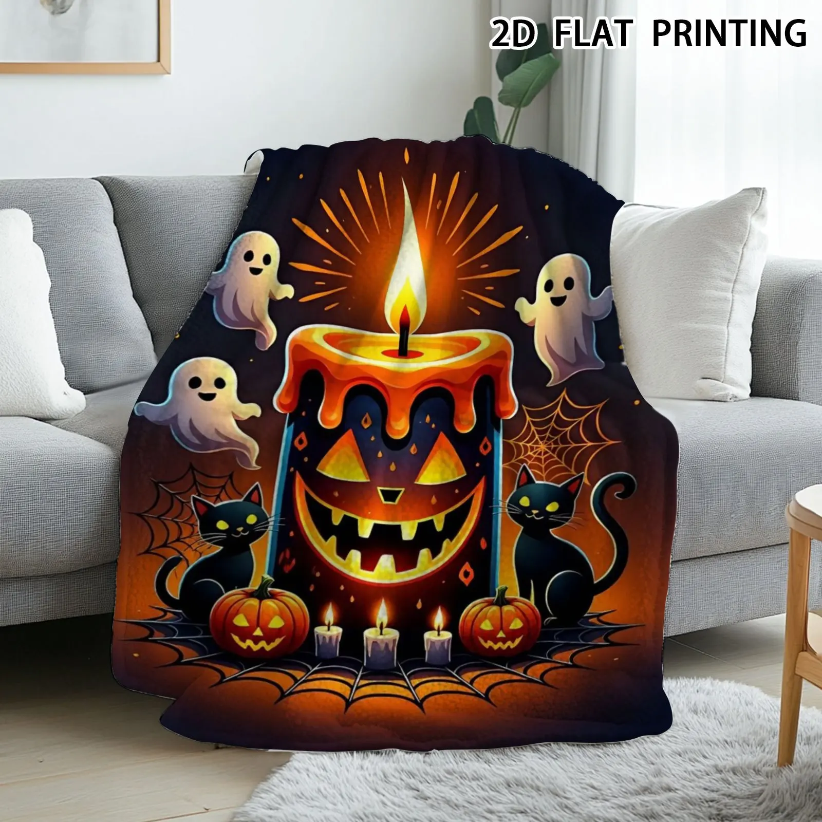 1pc 1pcs Cozy Retro Flannel Blanket Suitable for Camping, Nap & Office Use - Soft Warm Suitable for - Bedspread with Spooky Pumpkin & Candle Print, for, Foroffice Use, Birthday Gift for,, Christmas Gifts