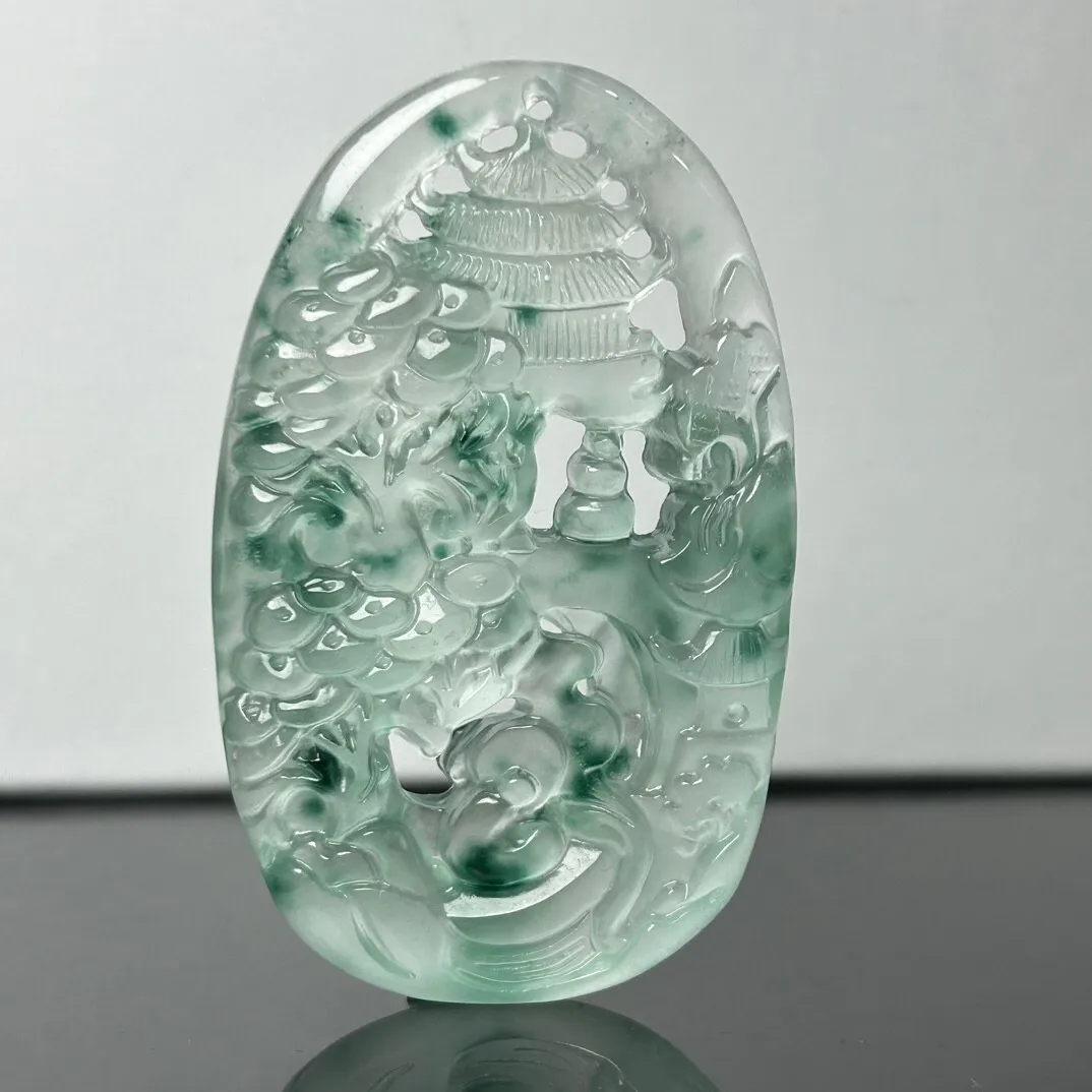 Natural Burme ice Green jade Jadeite openwork landscape Pendant and Necklace
