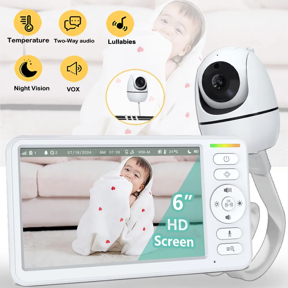 6 Inch No WiFi Wireless Video Baby Monitor IPS Screen With Nanny PTZ Camera Night Two-way Audio VOX Lullaby Temperture Display