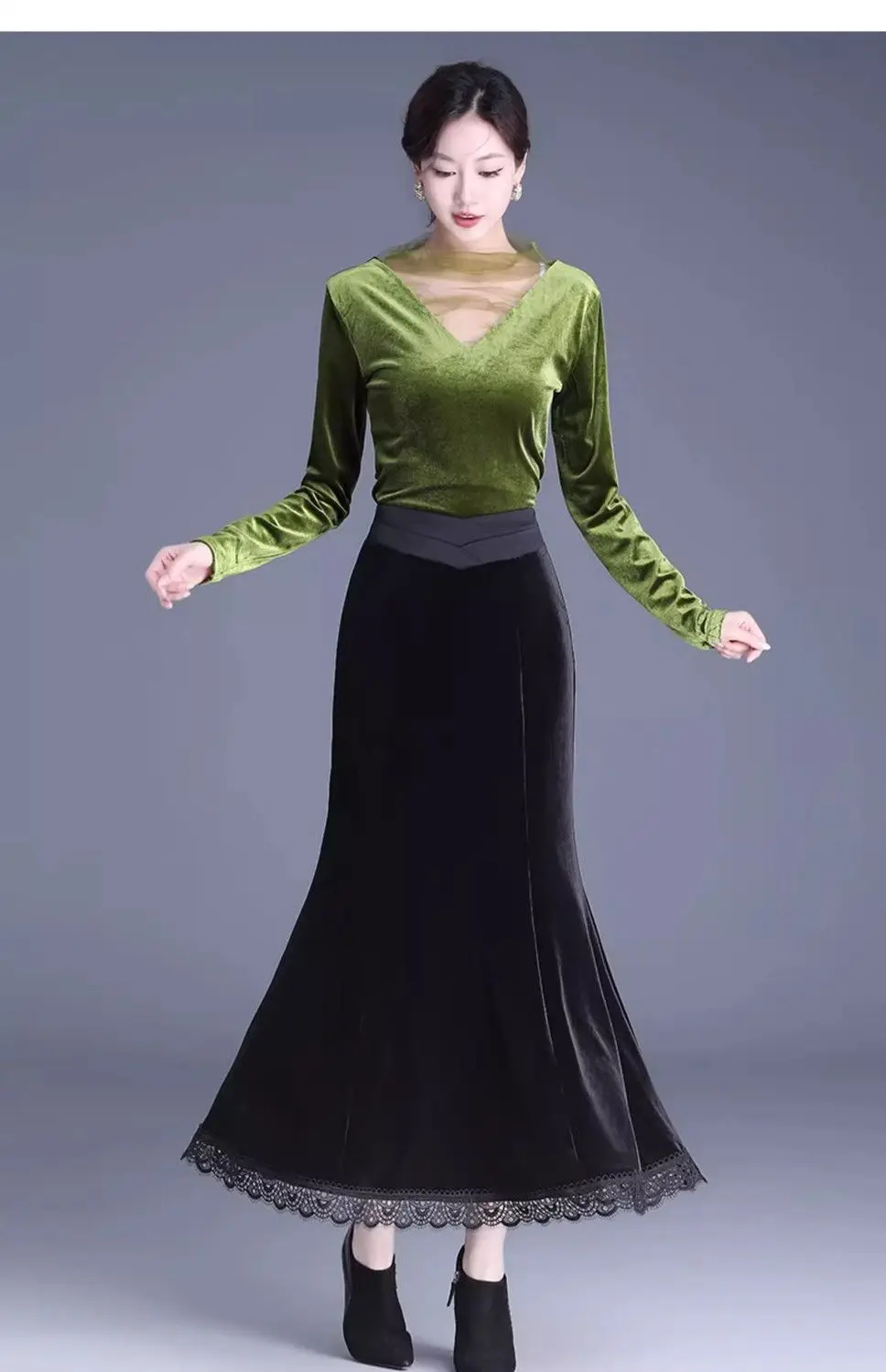 Elegant Women's Ankle Length A-Line Skirt With Lace Trim Loose Fit Office Wear Fashionable Fall Winter Style